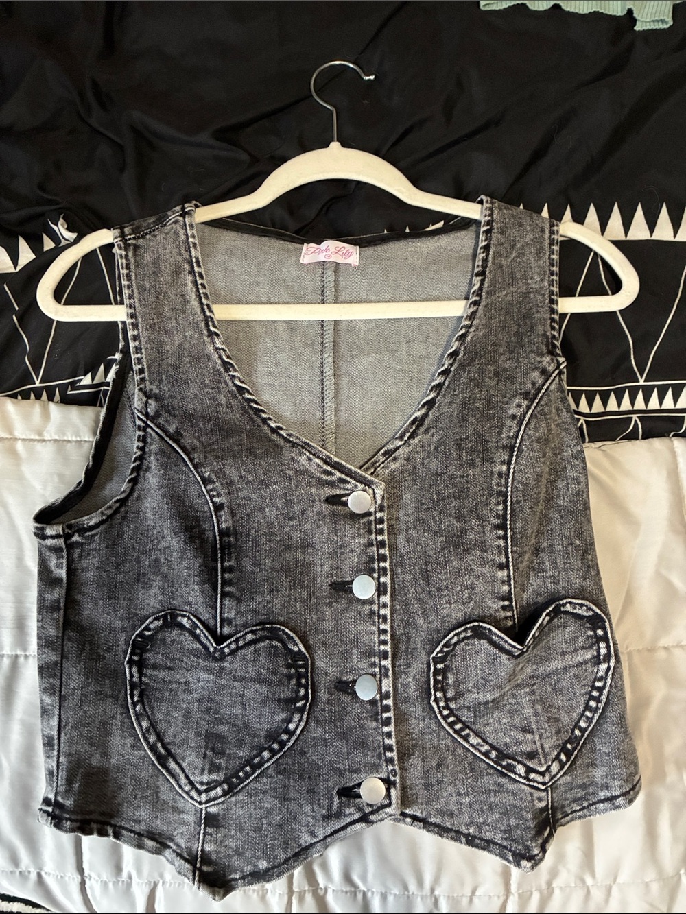 Pink Lily Grey Acid Wash Heart Pocket Crop Vest